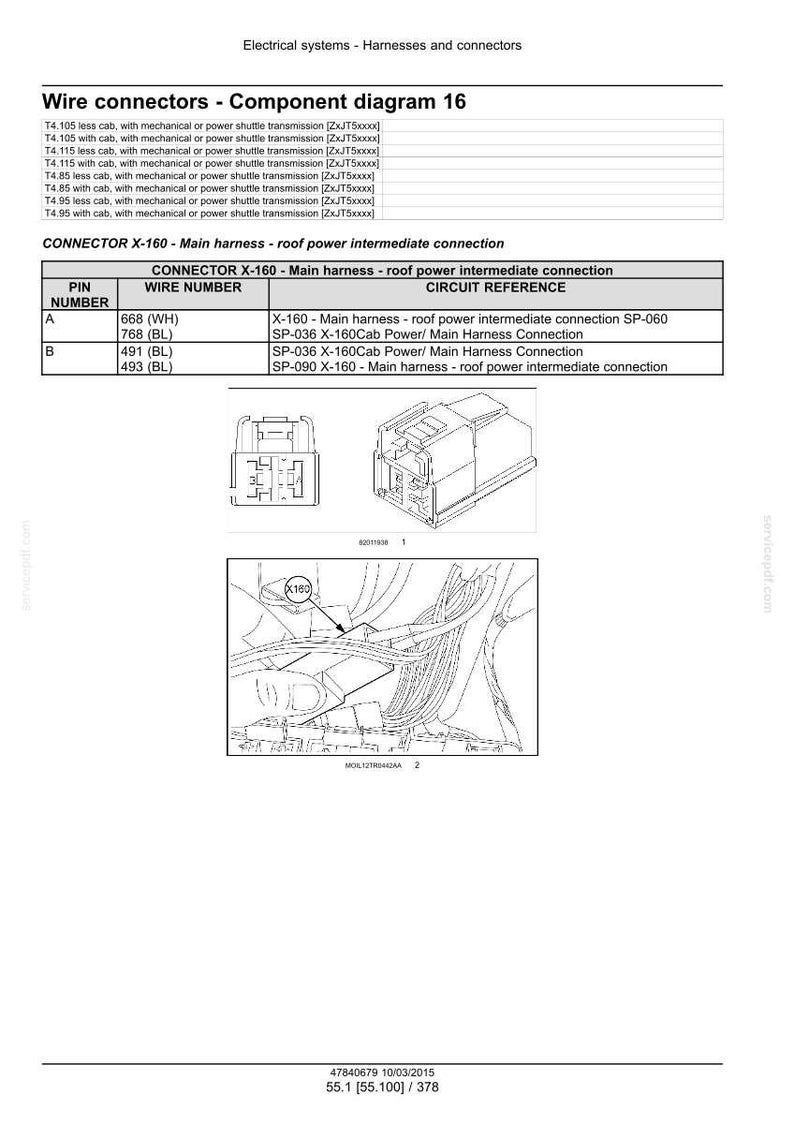 May include: Diagram of wire connectors and component diagram 16. Includes a table with pin numbers, wire numbers, and circuit references for connector X-160. Also shows a diagram of the connector and wiring.