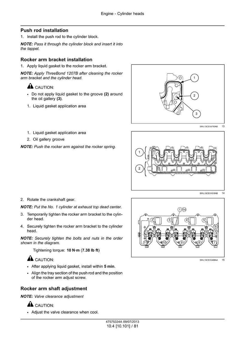 May include: Diagram of engine cylinder heads with instructions for push rod and rocker arm bracket installation. Includes illustrations of parts and steps, with torque specifications in foot-pounds.