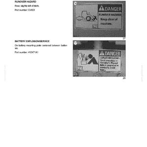 May include: A manual page with safety warnings. The top section warns of a runover hazard, with a tractor illustration. The bottom section warns of battery explosion hazards.