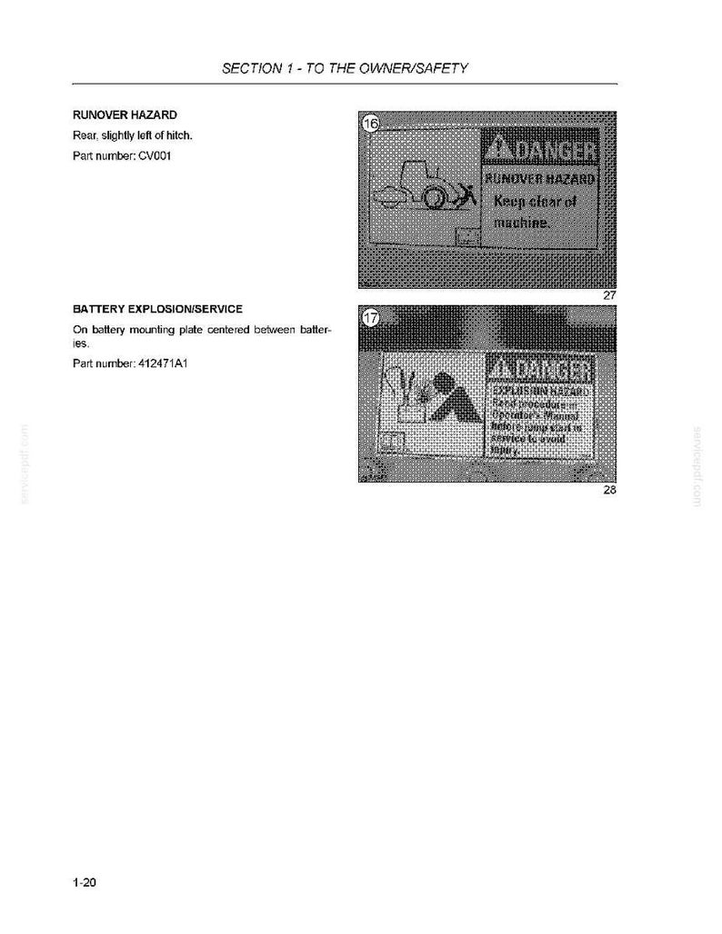 May include: A manual page with safety warnings. The top section warns of a runover hazard, with a tractor illustration. The bottom section warns of battery explosion hazards.