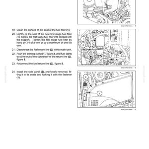 May include: A technical maintenance manual page featuring three black and white line drawings of mechanical engine components. The diagrams include numbered labels for parts like brackets, fuel filters, and side panels, alongside instructional text.