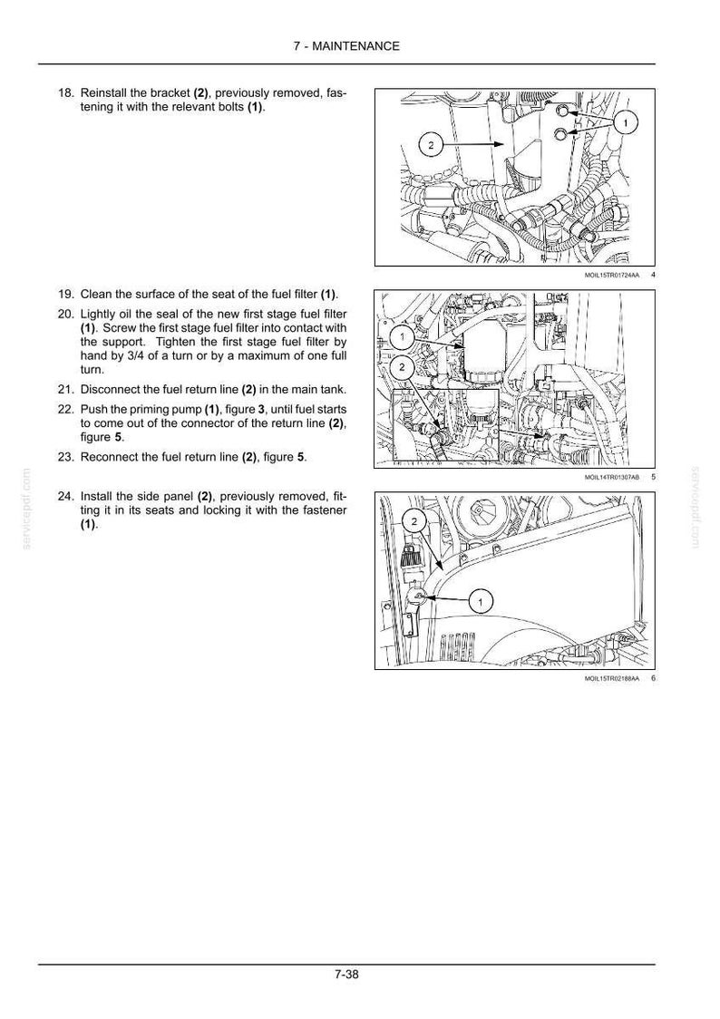 May include: A technical maintenance manual page featuring three black and white line drawings of mechanical engine components. The diagrams include numbered labels for parts like brackets, fuel filters, and side panels, alongside instructional text.