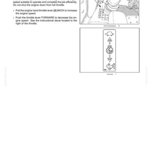 May include: A technical manual page titled 3-CONTROLS AND INSTRUMENTS featuring an engine hand throttle. It includes a diagram of a lever labelled 2 and a vertical decal showing a tortoise symbol at the top, a rabbit symbol at the bottom, and arrows.