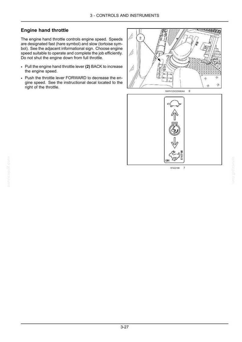 May include: A technical manual page titled 3-CONTROLS AND INSTRUMENTS featuring an engine hand throttle. It includes a diagram of a lever labelled 2 and a vertical decal showing a tortoise symbol at the top, a rabbit symbol at the bottom, and arrows.