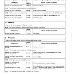May include: A detailed automotive repair guide with tables and text. The document includes instructions for checking relays, resistors, and alternators. It provides check points, correct readings, and possible causes for bad readings. The document is printed in the USA.