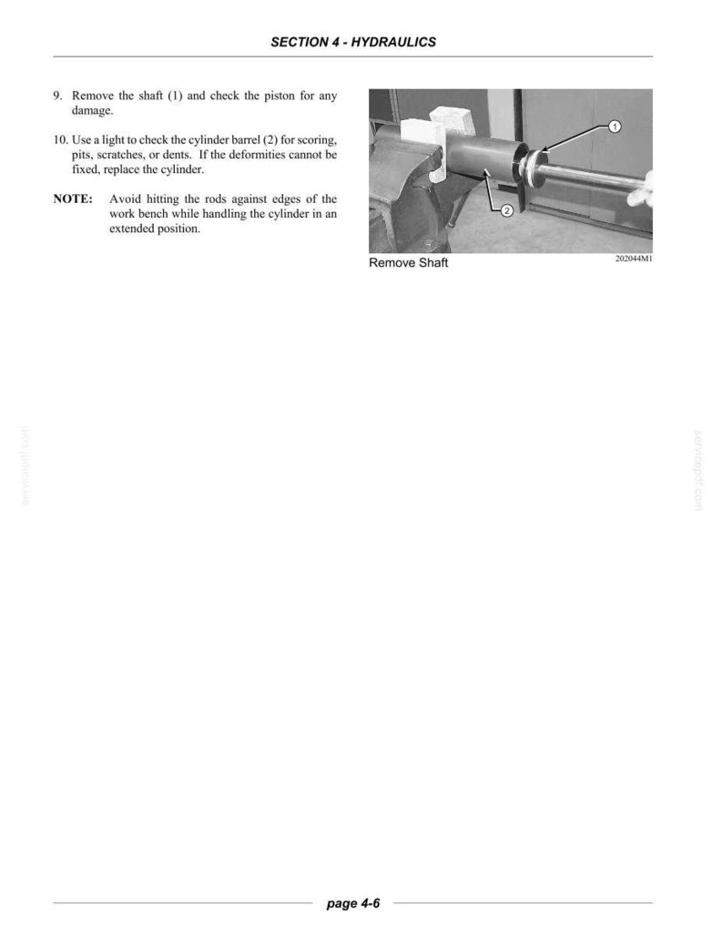 K&ouml;nnte beinhalten: Eine Seite aus einem technischen Handbuch mit dem Titel SECTION 4 - HYDRAULICS, die ein Schwarz-Wei&szlig;-Foto einer Metallwelle (1) zeigt, die aus einem in einem Schraubstock eingespannten Zylinderrohr (2) entfernt wird, nebst Pr&uuml;fanweisungen.