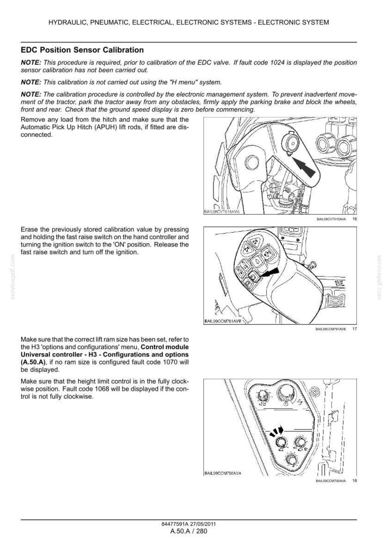 May include: Diagrams and instructions for calibrating the EDC position sensor in a hydraulic, pneumatic, electrical, and electronic system. Includes steps for the calibration process, fault codes, and control settings.