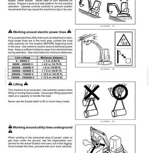 May include: A safety information document for an excavator featuring diagrams on operating on slopes, working near electric power lines with a distance chart in volts and feet, lifting heavy loads, and working around underground utility lines.