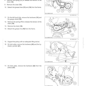 May include: Diagram of a product feeding pickup, with numbered steps and labeled components. Includes images of chains, springs, and hardware, with text instructions for disassembly and maintenance.