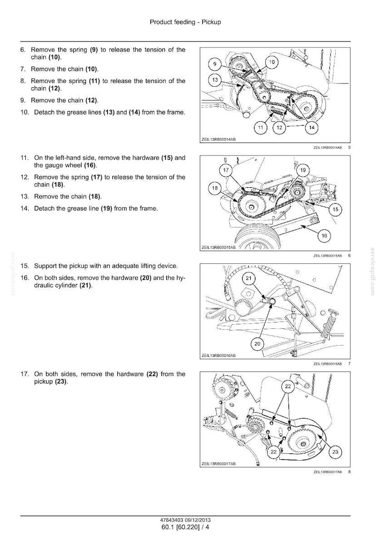 May include: Diagram of a product feeding pickup, with numbered steps and labeled components. Includes images of chains, springs, and hardware, with text instructions for disassembly and maintenance.