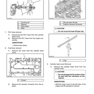 May include: Diagrams illustrating the removal and installation of a cylinder block. Includes images of a cooling fan, nozzle leak off pipe, and cylinder head cover. Text includes instructions and cautions for the process.