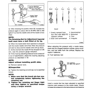 K&ouml;nnte beinhalten: Seite 13 eines Handbuchs zu Kraftstoff- und Motorsteuerungsverfahren. Diagramme zeigen einen D&uuml;sentester, eine Spr&uuml;hzustandsanalyse und einen Kraftstoffdichtheitstest. Der Text enth&auml;lt Anweisungen zur Druckanpassung und Bauteilpr&uuml;fung.
