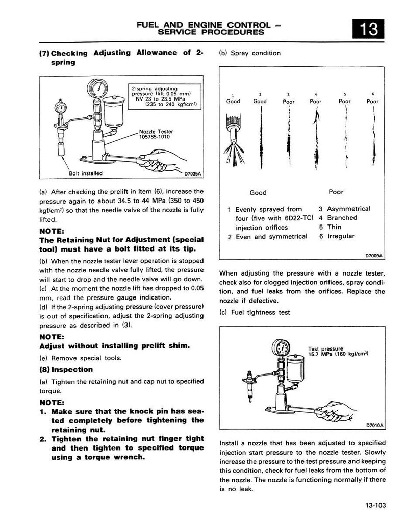 K&ouml;nnte beinhalten: Seite 13 eines Handbuchs zu Kraftstoff- und Motorsteuerungsverfahren. Diagramme zeigen einen D&uuml;sentester, eine Spr&uuml;hzustandsanalyse und einen Kraftstoffdichtheitstest. Der Text enth&auml;lt Anweisungen zur Druckanpassung und Bauteilpr&uuml;fung.