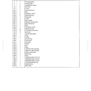 May include: A detailed parts list for a swing gearbox, featuring items like swing gearboxes, hex bolts, and retaining rings. The table includes item numbers, quantities, and descriptions, with measurements in millimeters.
