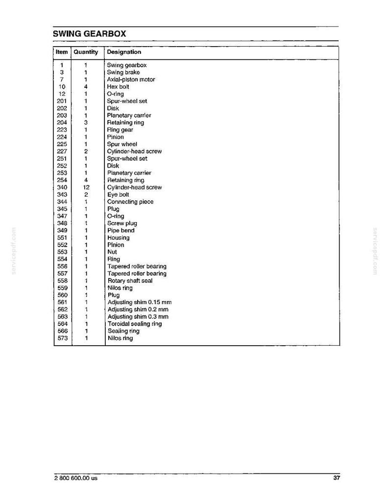 May include: A detailed parts list for a swing gearbox, featuring items like swing gearboxes, hex bolts, and retaining rings. The table includes item numbers, quantities, and descriptions, with measurements in millimeters.
