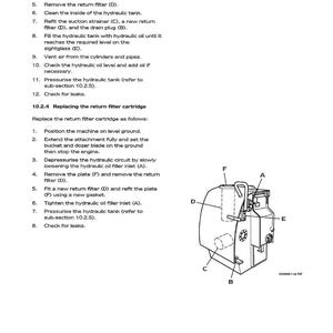 Pu&ograve; includere: Diagramma tecnico di un sistema idraulico, con componenti come serbatoio e filtri, etichettati da A a F. Il testo fornisce istruzioni per la manutenzione, come la pulizia e la sostituzione dei filtri. L'illustrazione &egrave; tecnica.