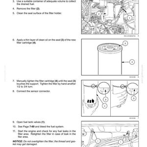May include: Diagram from a maintenance manual detailing fuel pre-filter procedures. Includes numbered steps with illustrations of components like connectors, filters, and seals. Text includes instructions and a warning about overtightening.