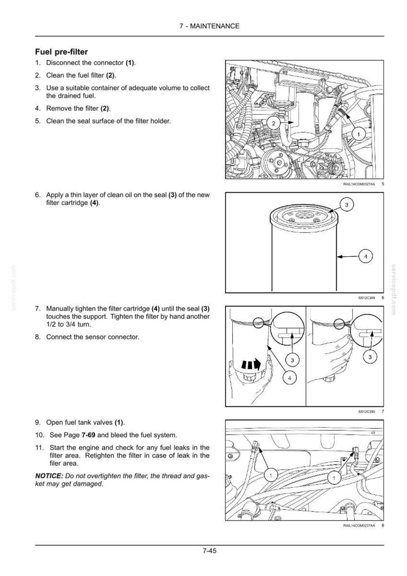May include: Diagram from a maintenance manual detailing fuel pre-filter procedures. Includes numbered steps with illustrations of components like connectors, filters, and seals. Text includes instructions and a warning about overtightening.