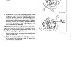 May include: Diagram of an engine cylinder head with numbered components and instructions for valve adjustment. Includes close-up illustrations of rocker arms, valve caps, and adjusting screws. Text includes service limits and adjustment procedures.
