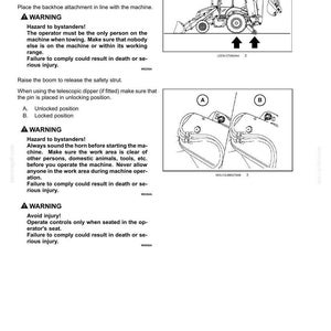 Pu&ograve; includere: Una pagina di manuale tecnico intitolata 6-WORKING OPERATIONS contenente istruzioni di sicurezza per una terna. Presenta due diagrammi: uno che mostra una terna con stabilizzatori e l'altro che illustra un perno in posizione A sbloccata e B bloccata.