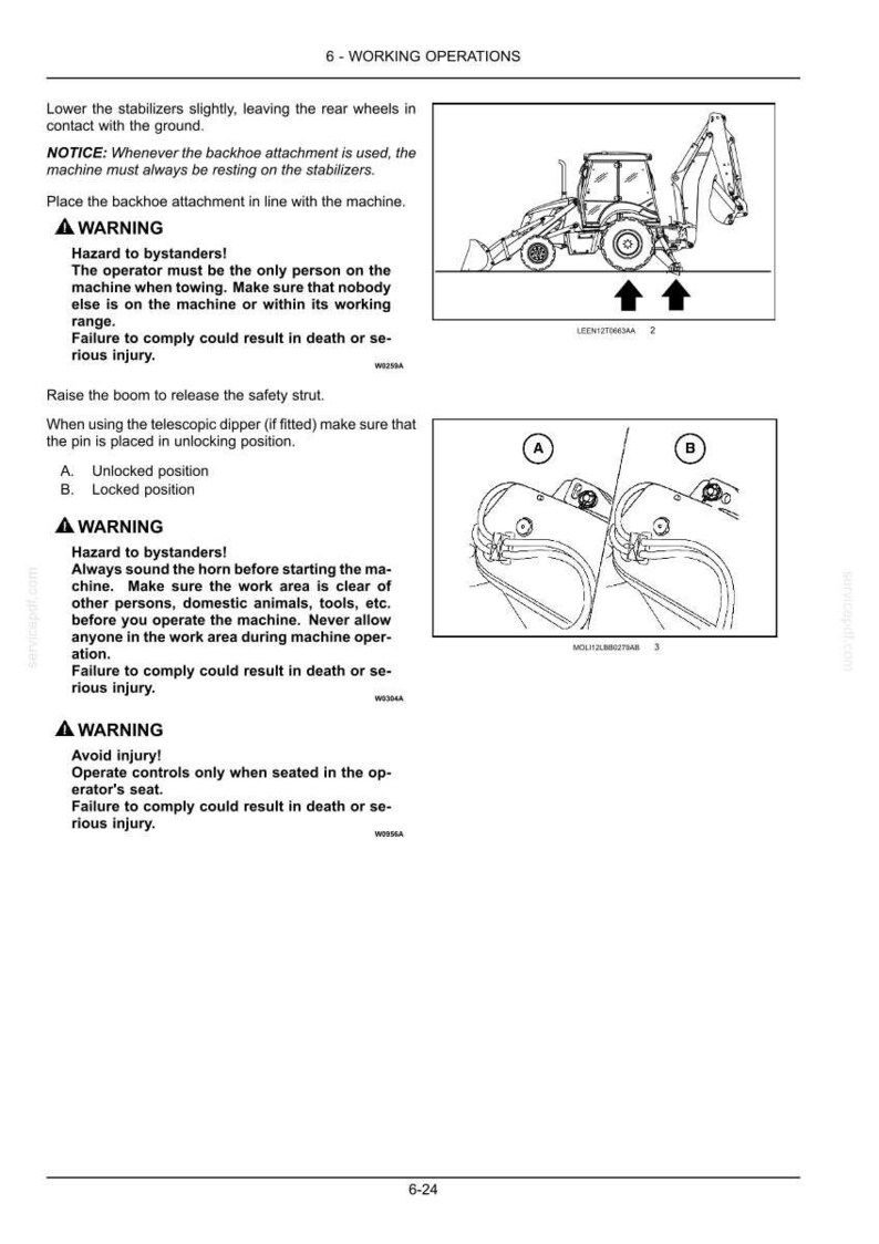 Pu&ograve; includere: Una pagina di manuale tecnico intitolata 6-WORKING OPERATIONS contenente istruzioni di sicurezza per una terna. Presenta due diagrammi: uno che mostra una terna con stabilizzatori e l'altro che illustra un perno in posizione A sbloccata e B bloccata.