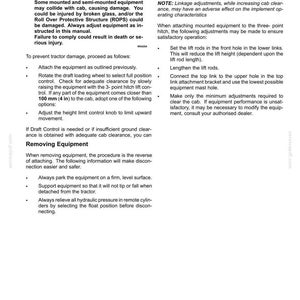May include: A technical manual page titled 6-WORKING OPERATIONS, detailing instructions for IMPLEMENT TO CAB CLEARANCE. It includes a warning about uncontrolled equipment movement, procedures for adjusting lift linkage, and steps for removing equipment.