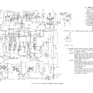 K&ouml;nnte beinhalten: Ein technisches Konstruktionsschema mit dem Titel 9. ARM CIRCUIT, das komplexe schwarz-wei&szlig;e Strichzeichnungen von Hydrauliksystemen, Ventilen und Durchflusswegen sowie detaillierte erkl&auml;rende Texte zu Grabvorg&auml;ngen des Arms enth&auml;lt.
