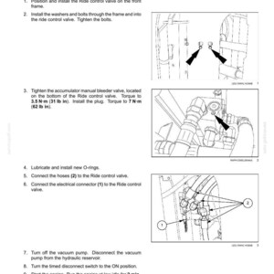 May include: Diagram of a ride control solenoid valve block installation. Instructions include positioning the valve, installing washers and bolts, tightening the accumulator valve, connecting hoses and electrical connectors. Text includes torque specifications in lb in.