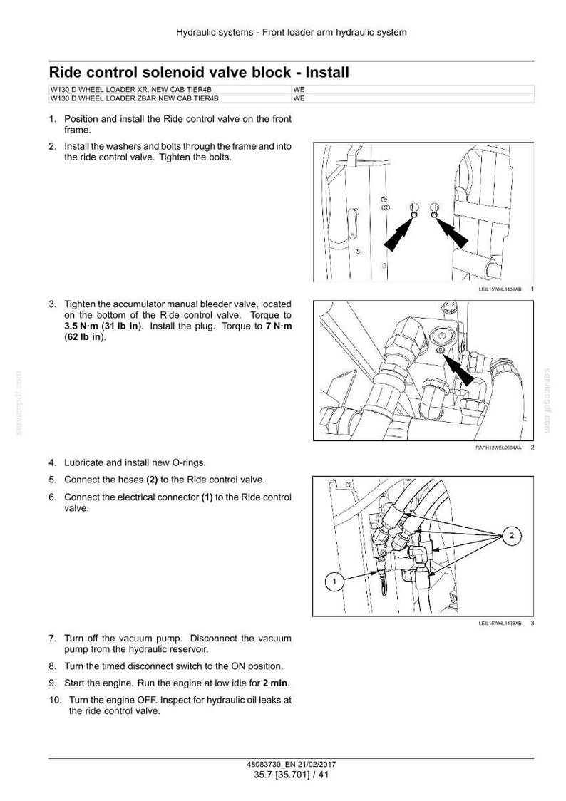 May include: Diagram of a ride control solenoid valve block installation. Instructions include positioning the valve, installing washers and bolts, tightening the accumulator valve, connecting hoses and electrical connectors. Text includes torque specifications in lb in.