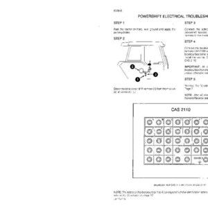 Może przedstawiać: Strona z instrukcji zatytułowana "Powershift Electrical Troubleshooting". Dokument zawiera schematy i instrukcje dotyczące rozwiązywania problem&oacute;w elektrycznych, ze szczeg&oacute;lnym uwzględnieniem konkretnych krok&oacute;w i komponent&oacute;w. Zawiera r&oacute;wnież schemat komponentu CAS 2110.