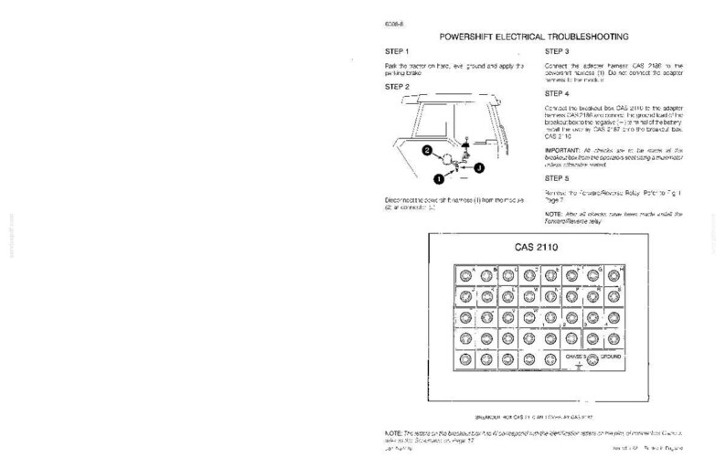 Może przedstawiać: Strona z instrukcji zatytułowana "Powershift Electrical Troubleshooting". Dokument zawiera schematy i instrukcje dotyczące rozwiązywania problem&oacute;w elektrycznych, ze szczeg&oacute;lnym uwzględnieniem konkretnych krok&oacute;w i komponent&oacute;w. Zawiera r&oacute;wnież schemat komponentu CAS 2110.