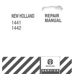 May include: A white New Holland repair manual cover featuring a black line drawing of agricultural machinery at the top. The text reads New Holland, 1441, 1442, and Repair Manual. A black and white striped pattern appears at the bottom with a logo.