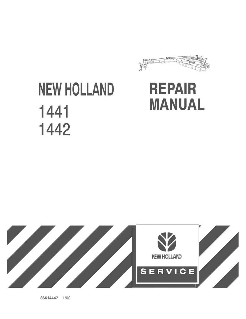 May include: A white New Holland repair manual cover featuring a black line drawing of agricultural machinery at the top. The text reads New Holland, 1441, 1442, and Repair Manual. A black and white striped pattern appears at the bottom with a logo.