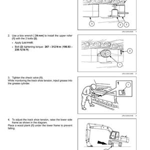 Puede incluir: Diagramas que ilustran la instalaci&oacute;n de un rodillo de soporte de oruga. Las instrucciones incluyen el uso de un gato, una llave de caja (24 mm) y tablones de madera. Los diagramas muestran los pasos para instalar el rodillo superior, apretar la v&aacute;lvula de retenci&oacute;n.