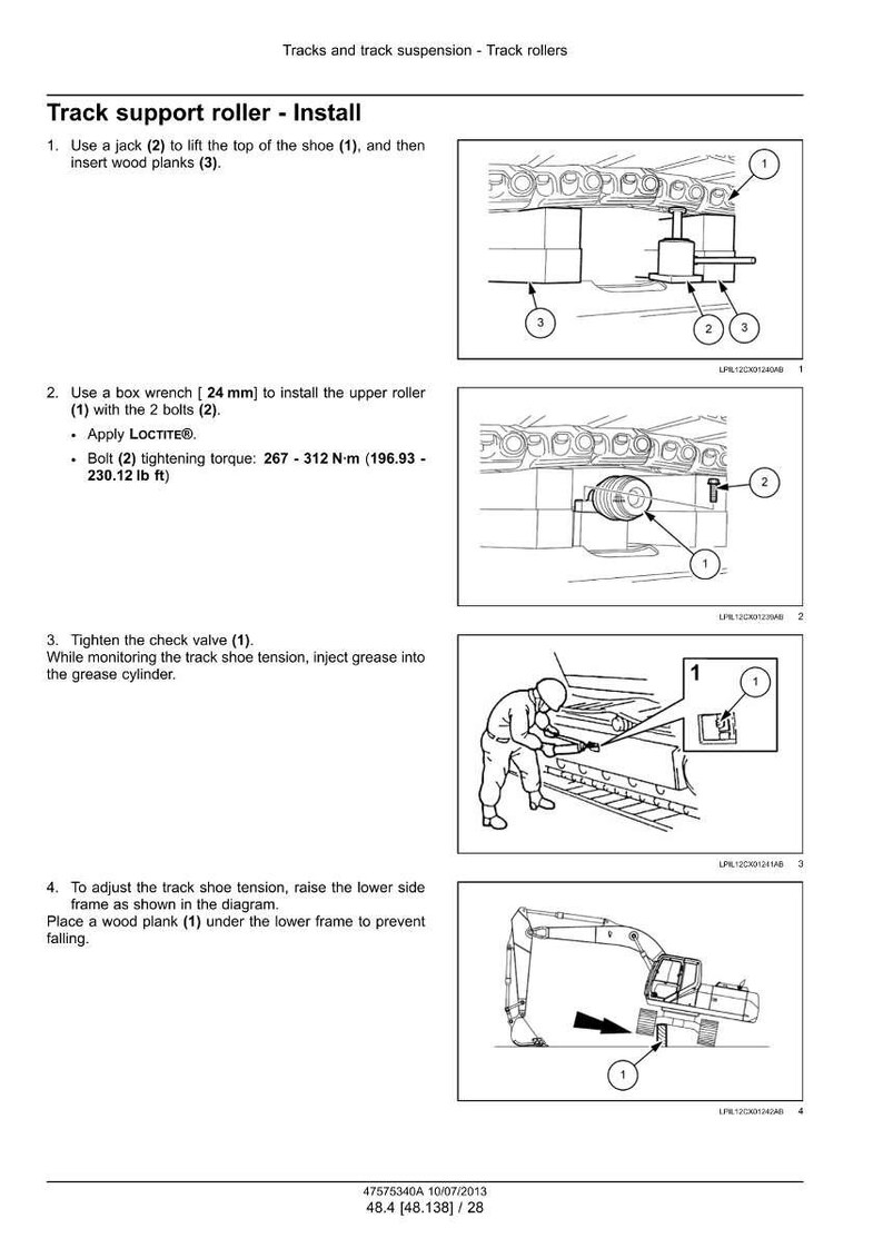 Puede incluir: Diagramas que ilustran la instalaci&oacute;n de un rodillo de soporte de oruga. Las instrucciones incluyen el uso de un gato, una llave de caja (24 mm) y tablones de madera. Los diagramas muestran los pasos para instalar el rodillo superior, apretar la v&aacute;lvula de retenci&oacute;n.