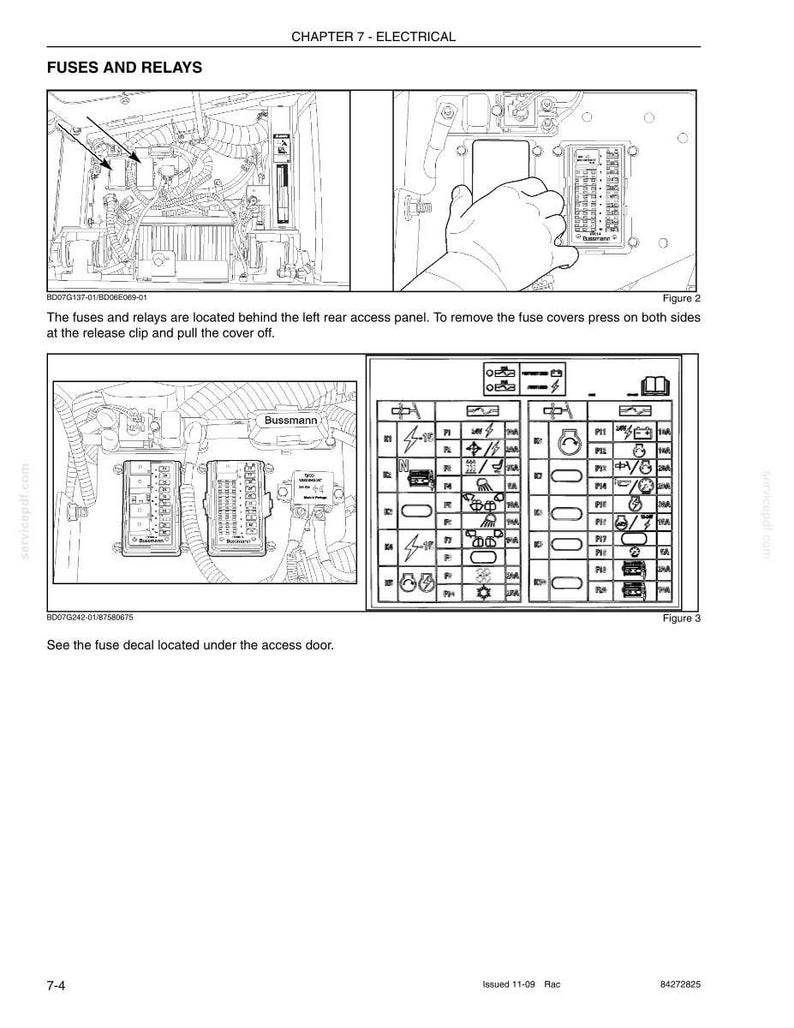 May include: Diagram of electrical fuses and relays, with detailed illustrations and labels. Includes close-ups of fuse boxes, wiring, and diagrams. Text includes instructions for accessing and identifying fuses.