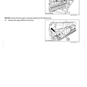 May include: A technical manual page titled CROP PROCESSING - FEEDING Header feeding, featuring two black and white line drawings. The diagrams illustrate the process of suspending and removing a large auger, labeled 13, from a machine frame.