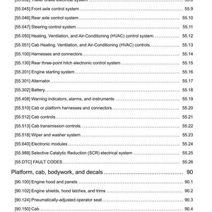 May include: A detailed technical document page with a list of vehicle systems and components, including engine control, transmission, and cab controls. The text is black on a white background, with page numbers on the right.