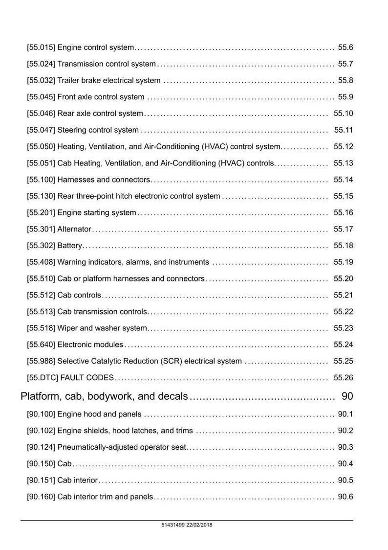 May include: A detailed technical document page with a list of vehicle systems and components, including engine control, transmission, and cab controls. The text is black on a white background, with page numbers on the right.