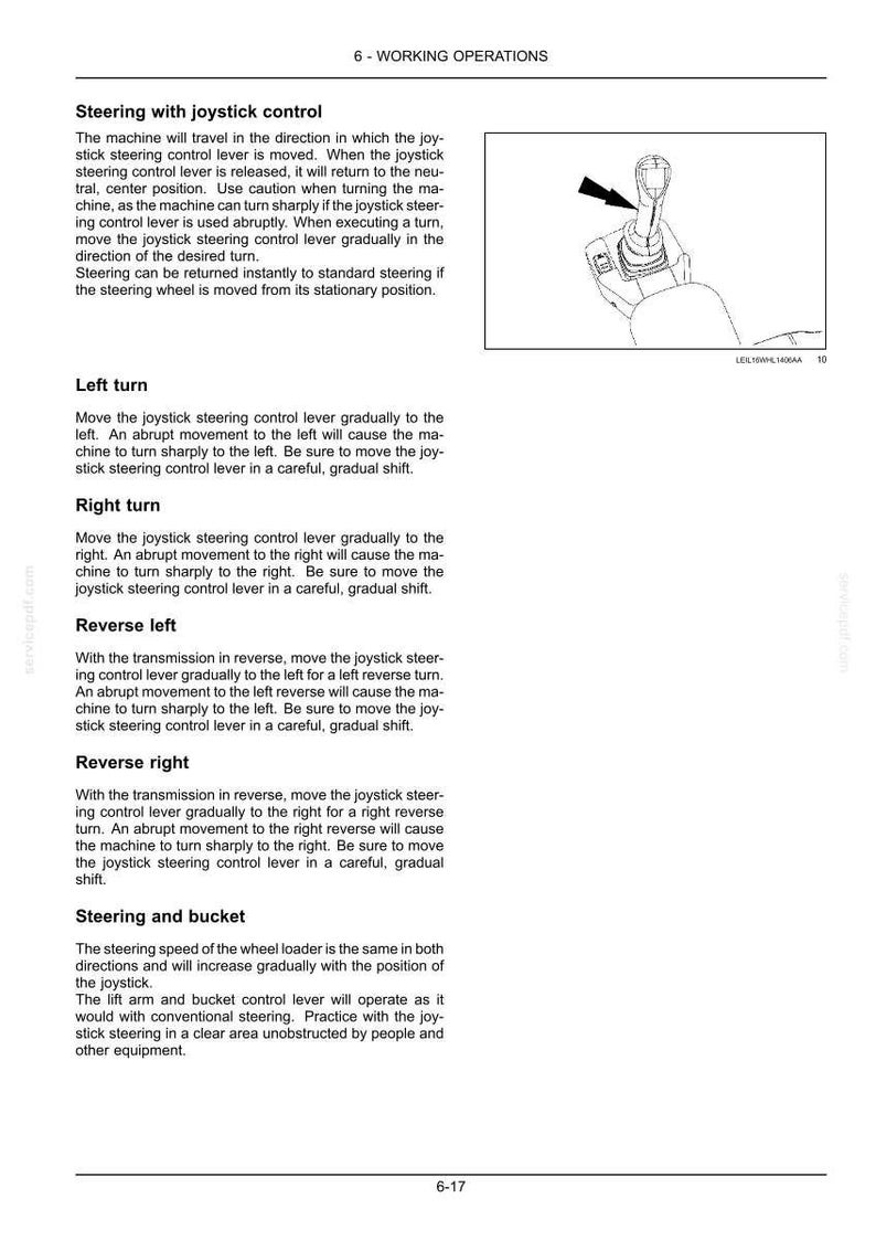 May include: Page from a manual detailing joystick steering control for a machine. Includes instructions for left and right turns, reverse, and steering with a bucket. A diagram of a joystick is shown.