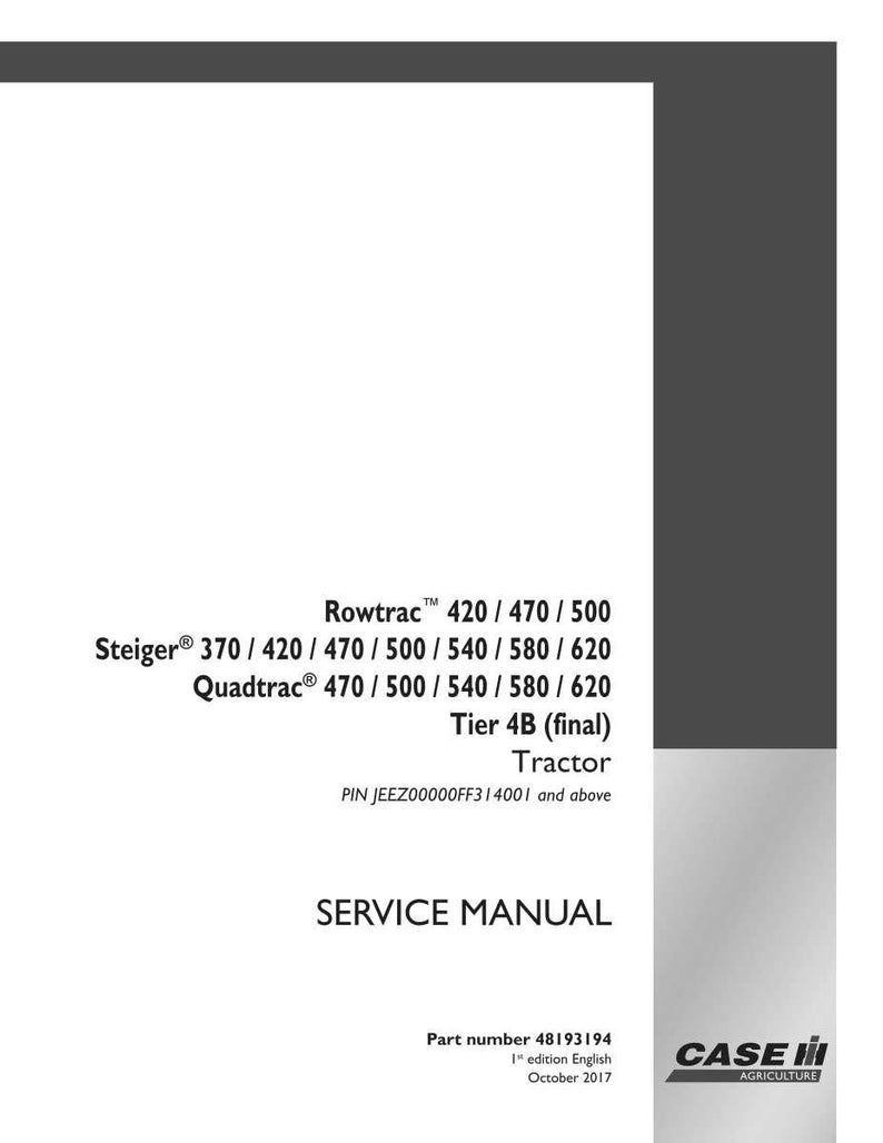 May include: A white service manual cover with black text. The text includes "Rowtrac", "Steiger", "Quadtrac", "Tier 4B (final) Tractor", and "SERVICE MANUAL". The Case IH Agriculture logo is in the bottom right.