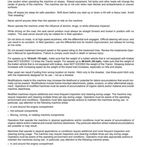 May include: A document titled "Safety rules - Personal safety" with safety guidelines for operating machinery. The text includes warnings about slopes, speed limits, and potential hazards. It also provides instructions for safe operation.