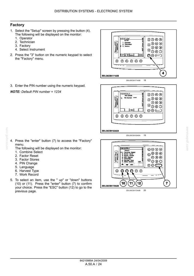 May include: Diagram of an electronic system interface with a keypad and screen. The screen displays menu options and instructions for system setup, including entering a PIN and selecting options.