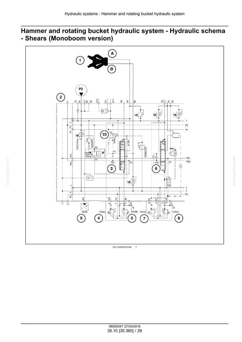 May include: Diagram of a hydraulic system, labeled "Hammer and rotating bucket hydraulic system - Hydraulic schema - Shears (Monoboom version)". The diagram includes various components, lines, and numbered elements, with text and symbols.