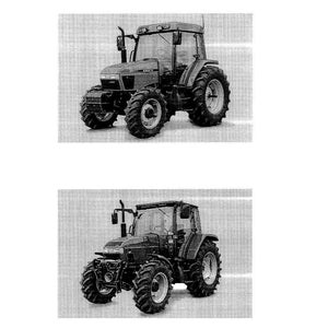 May include: Two grayscale images of a tractor. The tractor has large, rugged tires, a cab with windows, and various mechanical components. The images are from a manual, with text in the upper left corner and the bottom left and right corners.