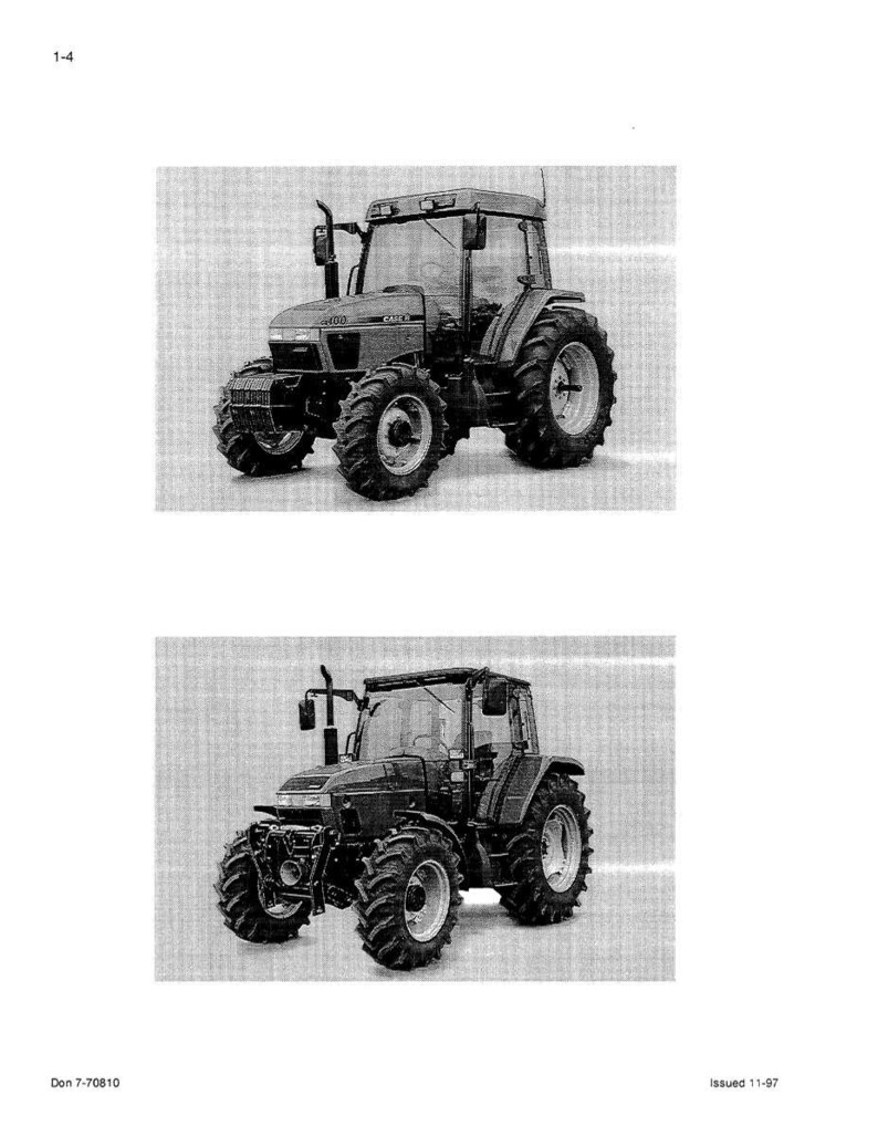 May include: Two grayscale images of a tractor. The tractor has large, rugged tires, a cab with windows, and various mechanical components. The images are from a manual, with text in the upper left corner and the bottom left and right corners.
