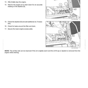 May include: A technical maintenance manual page titled 7-MAINTENANCE, featuring two black and white line drawings of an engine compartment. The text provides numbered instructions for checking engine oil, including steps for filling, idling, and checking the dipstick labeled 1 and fill port labeled 4. A note at the bottom explains how to improve oil flow rate.
