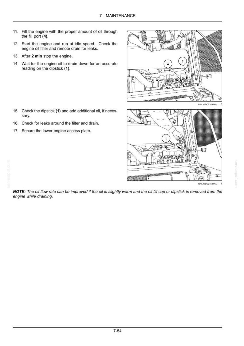 May include: A technical maintenance manual page titled 7-MAINTENANCE, featuring two black and white line drawings of an engine compartment. The text provides numbered instructions for checking engine oil, including steps for filling, idling, and checking the dipstick labeled 1 and fill port labeled 4. A note at the bottom explains how to improve oil flow rate.