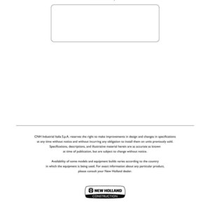 May include: A white document page featuring a rectangular box labeled Dealer's stamp at the top. The bottom section contains legal text regarding CNH Industrial Italia S.p.A. specifications and the New Holland Construction logo with copyright information.