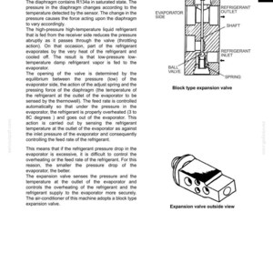 Pu&ograve; includere: Un diagramma tecnico di una valvola di espansione a blocco per un sistema di condizionamento, che mostra una sezione trasversale con diaframma, albero, valvola a sfera e molla, accanto a una vista esterna etichettata Expansion valve outside view.